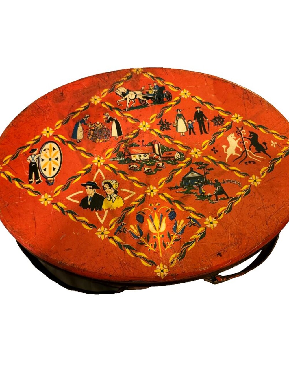 Vintage 1940s Pennsylvania Dutch Amish Folk Art Red Oval Tin Sewing Basket